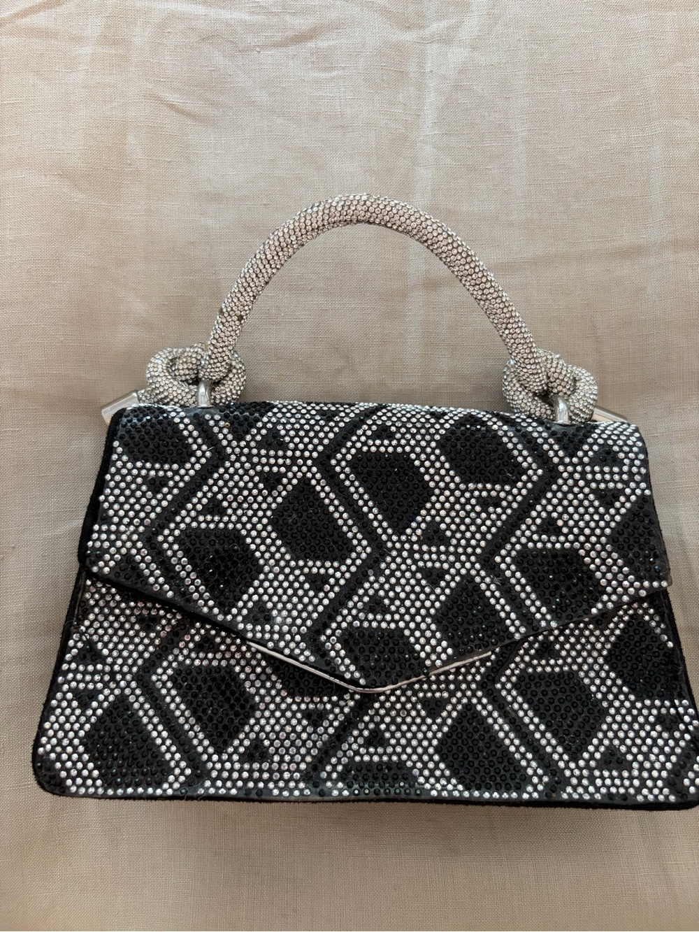 ALDO Black Suede & Silver Rhinestone Geometric Top Handle Evening Clutch